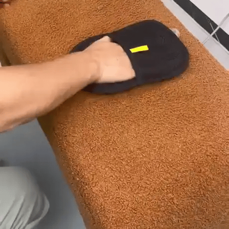 FurMitt lifting pet hair from a sofa cushion
